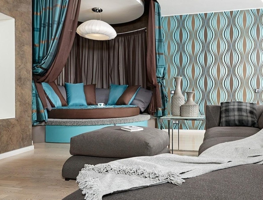 Шторы коричневые с бирюзовым