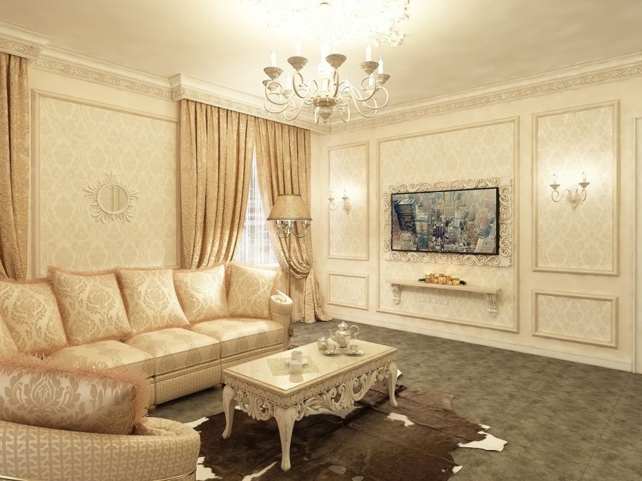 Гостиная в классическом стиле в светлых тонах
