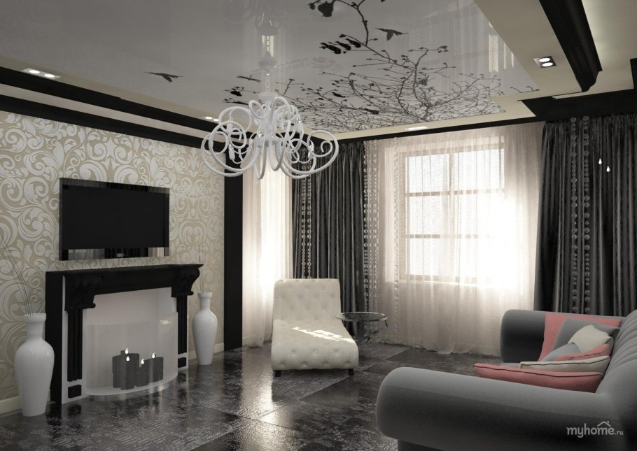 Черно белый потолок в гостиной