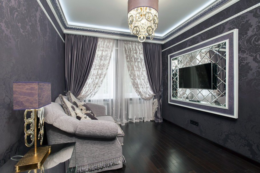 Серебристые обои в интерьере гостиной