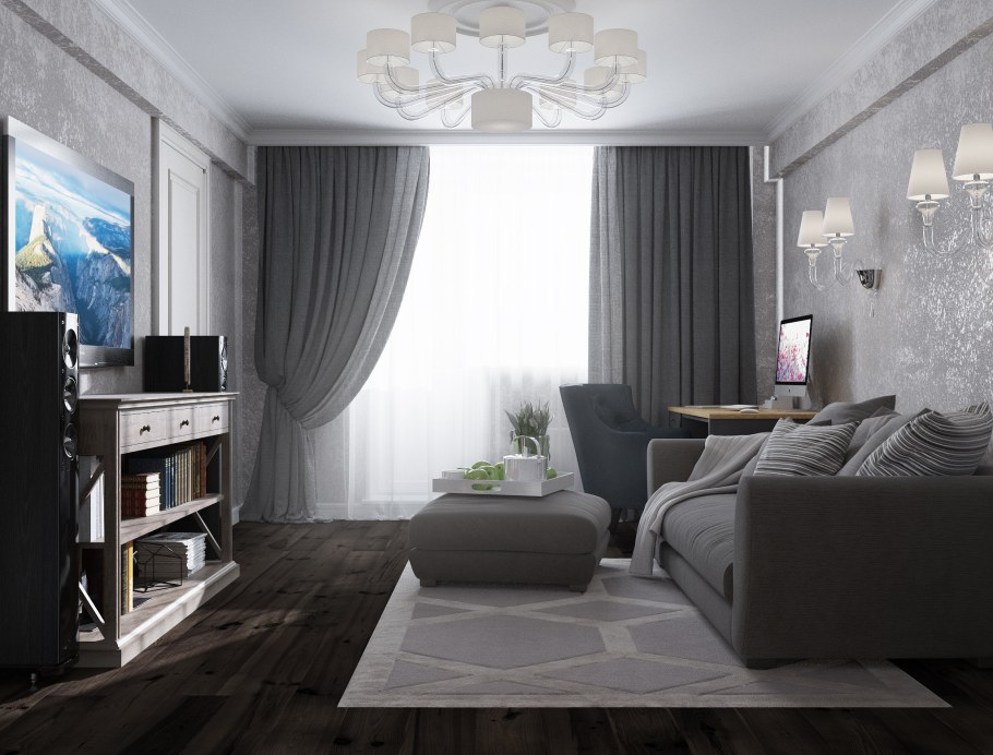 Гостиная в хрущевке в серых тонах