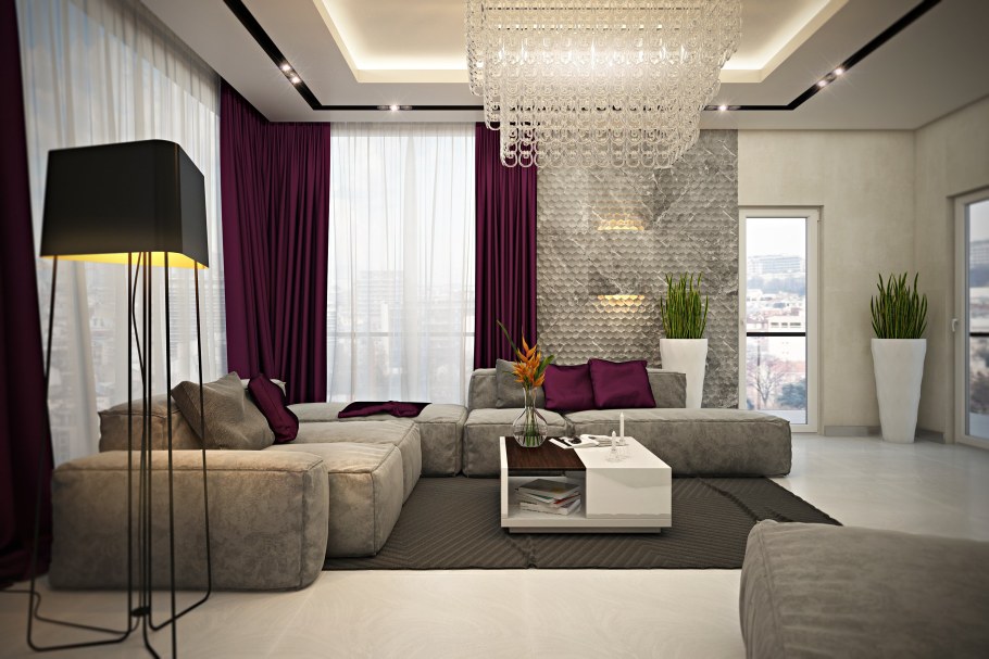 Гостиная в бежевых тонах с яркими акцентами