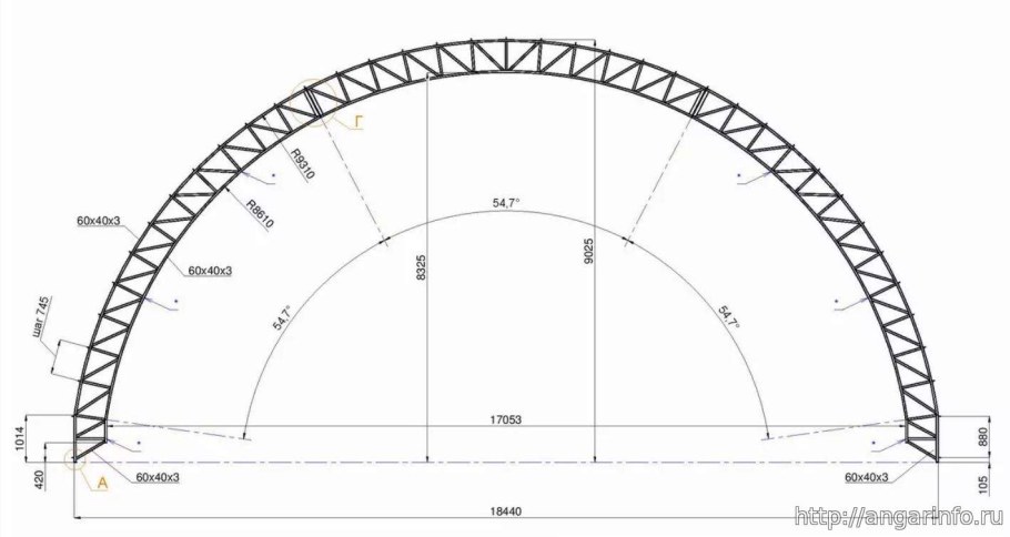 Чертеж арочного Ангара 18м