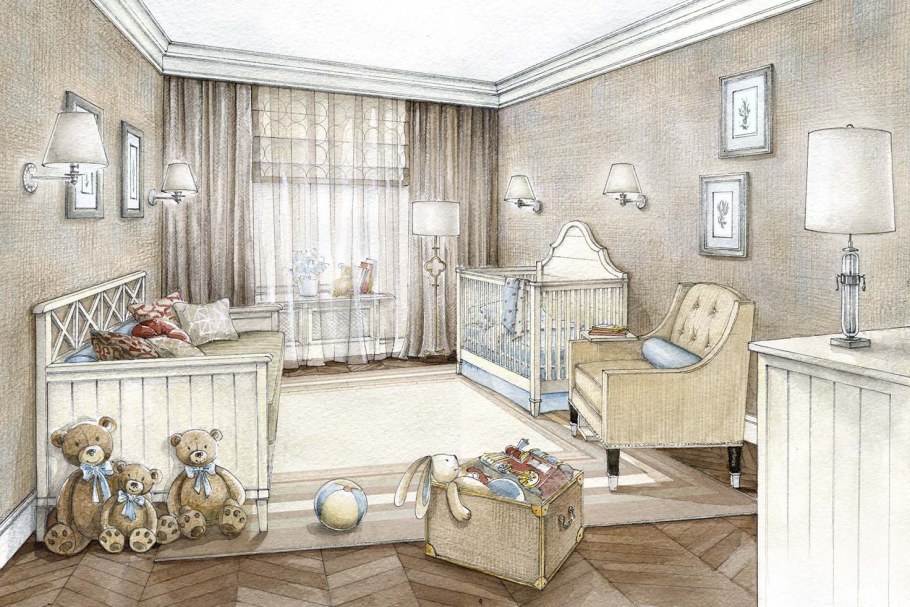 Эскиз интерьера детской комнаты