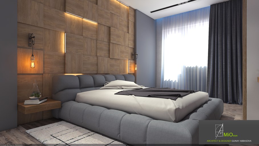 Деревянные панели с подсветкой в спальне