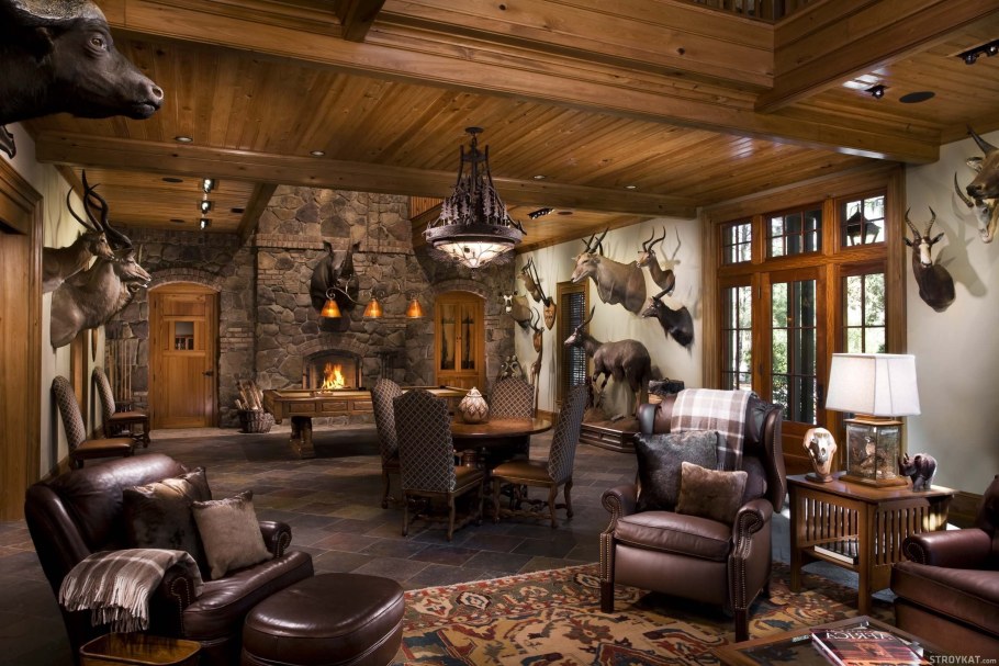 Стиль "охотничий дом" в интерьере гостинной