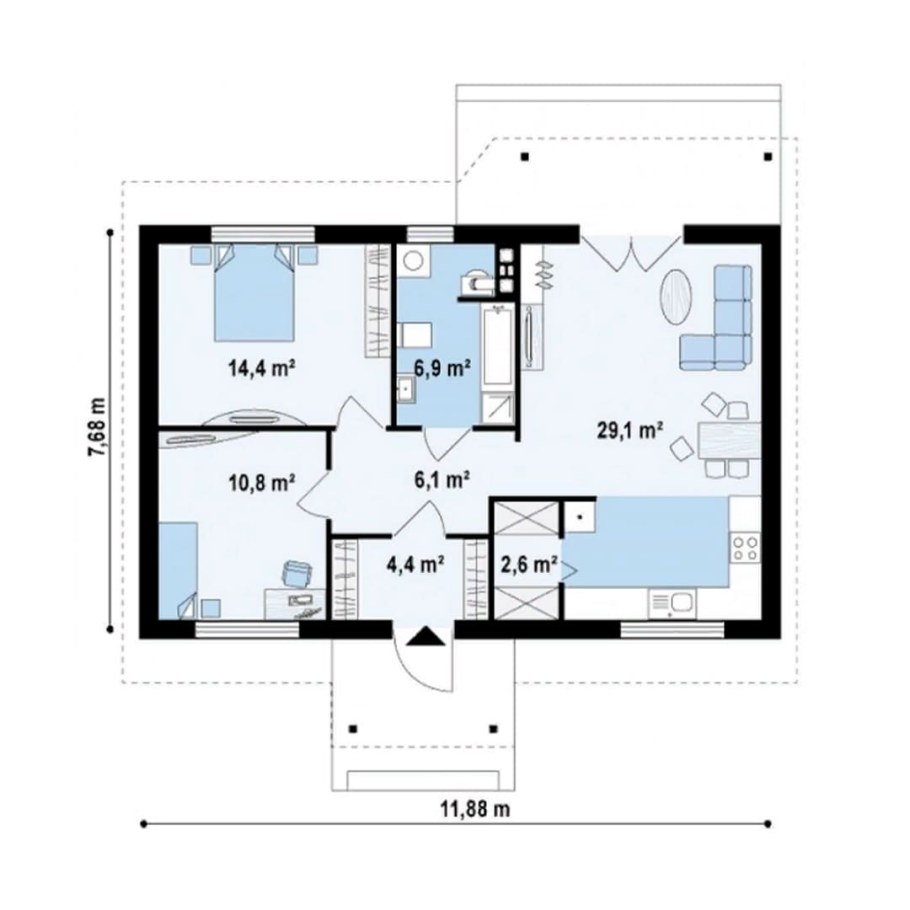 Планировка одноэтажного дома до 80 кв.м с 2 спальнями