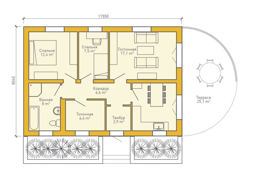 Трехкомнатный одноэтажный дом планировка