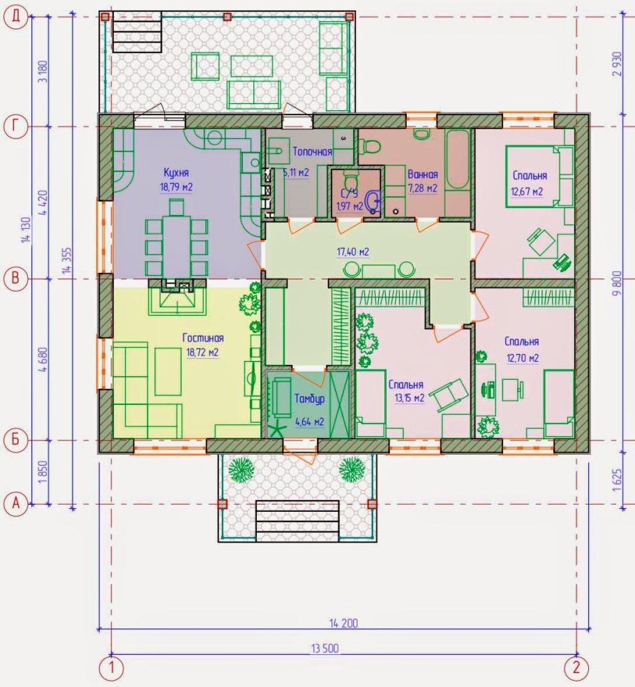 Пятикомнатный одноэтажный дом планировка