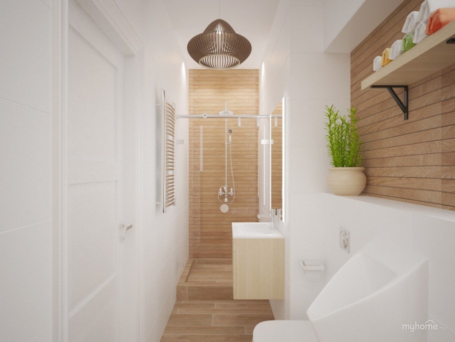 Ванная с белой плиткой и деревом