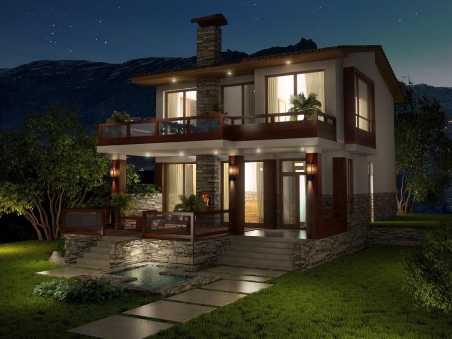 Красивый двухэтажный дом с террасой