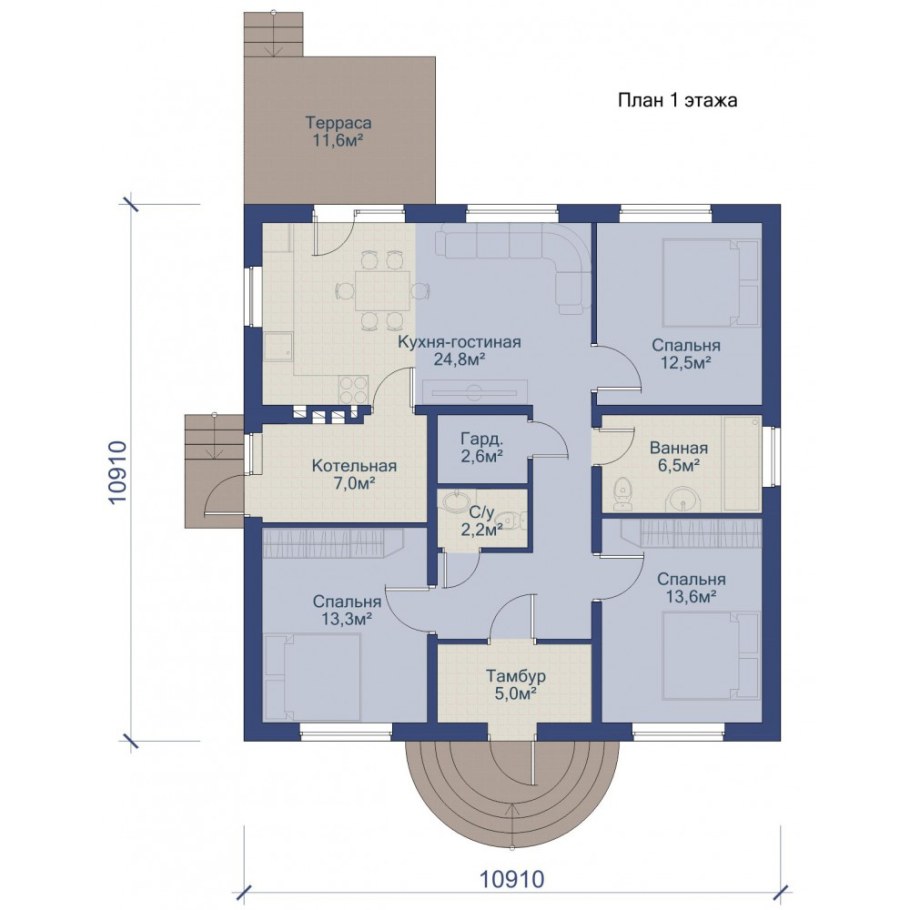 Одноэтажный дом 10х10 планировка комнат 3 спальни