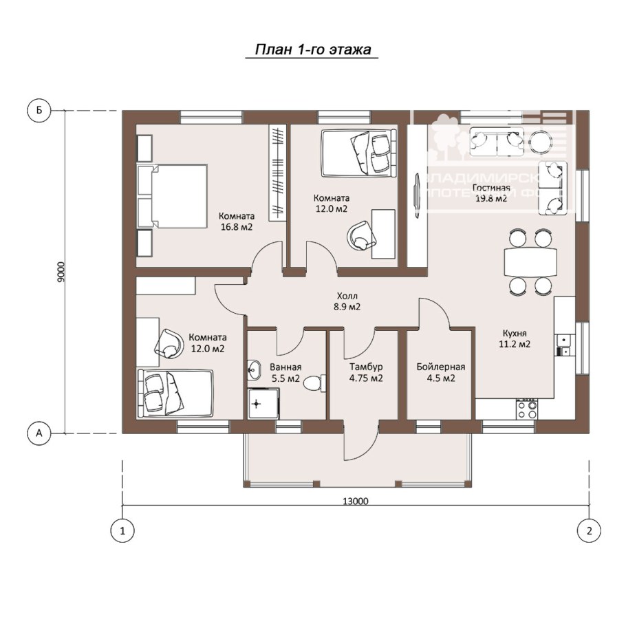 Планировка три спальни 65м2