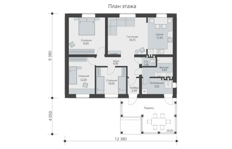 Одноэтажный дом 120кв с террасой планировка