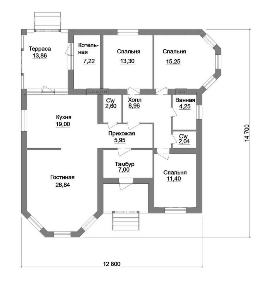 Проект одноэтажного дома с 3 спальнями и террасой спереди