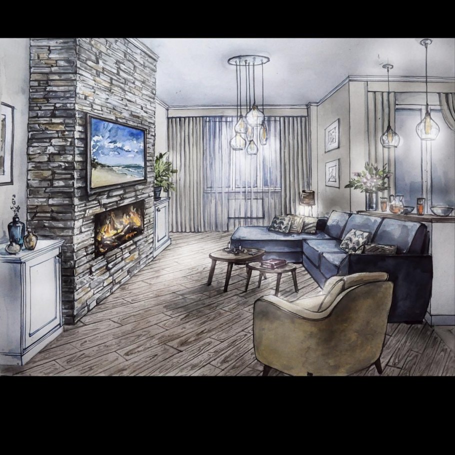 Скетч интерьера акварель