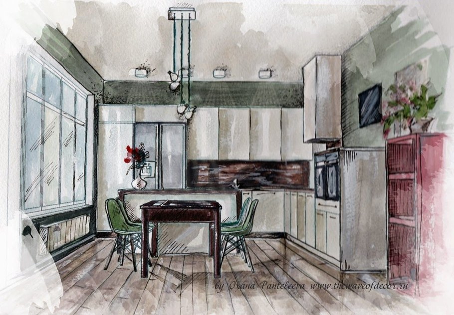 Интерьер кухни акварелью