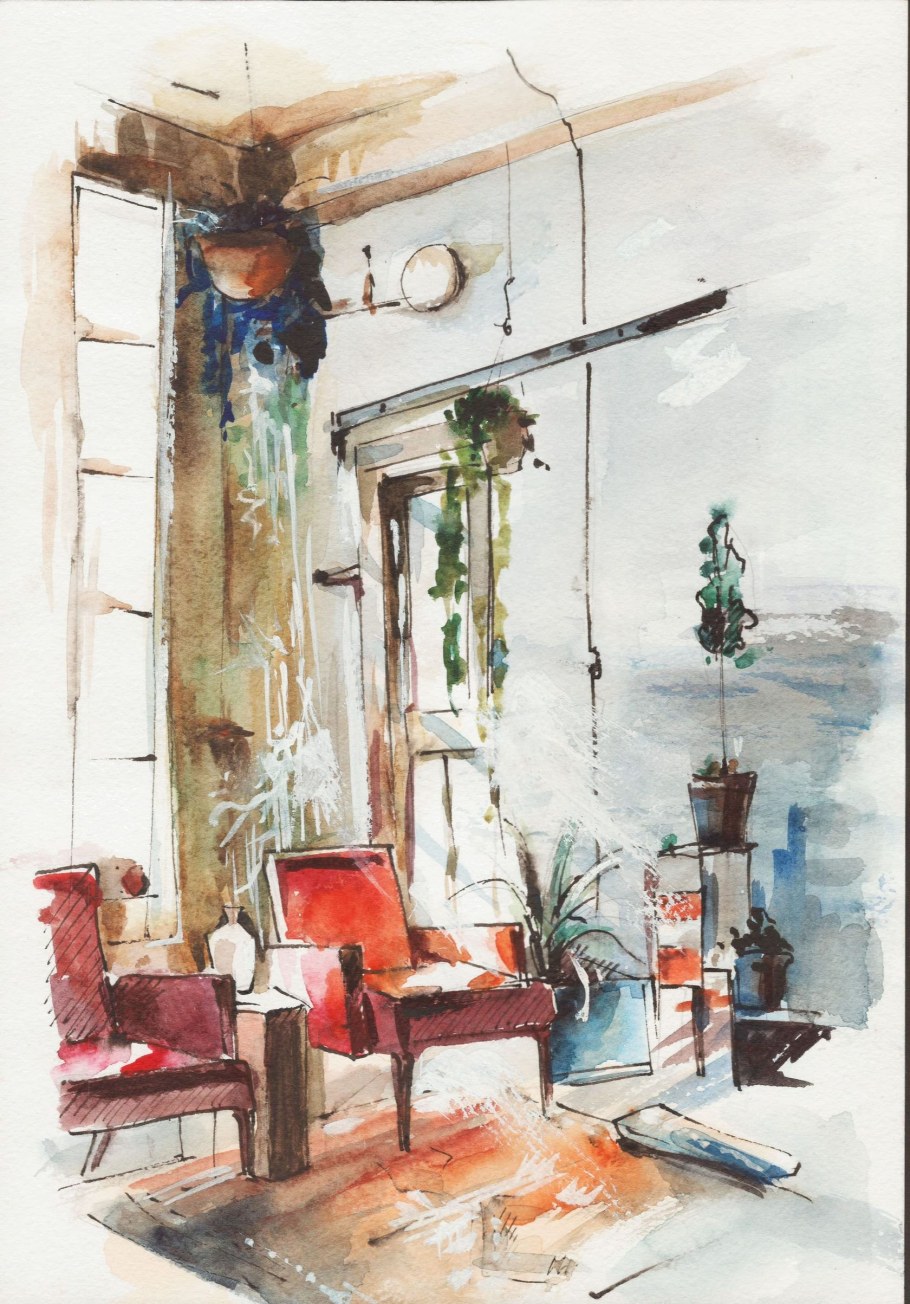 Этюд интерьера акварелью