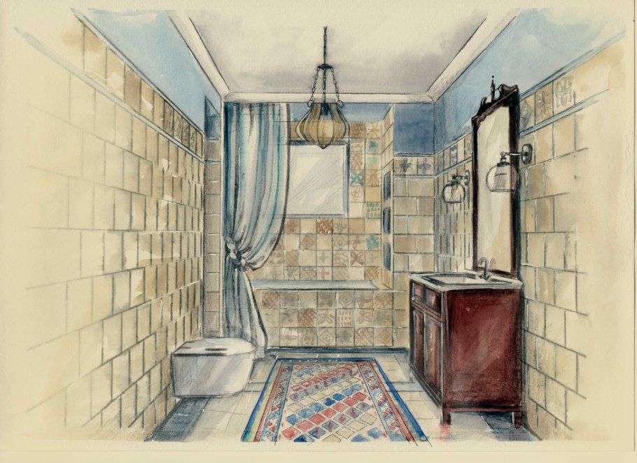 Интерьер комнаты акварелью