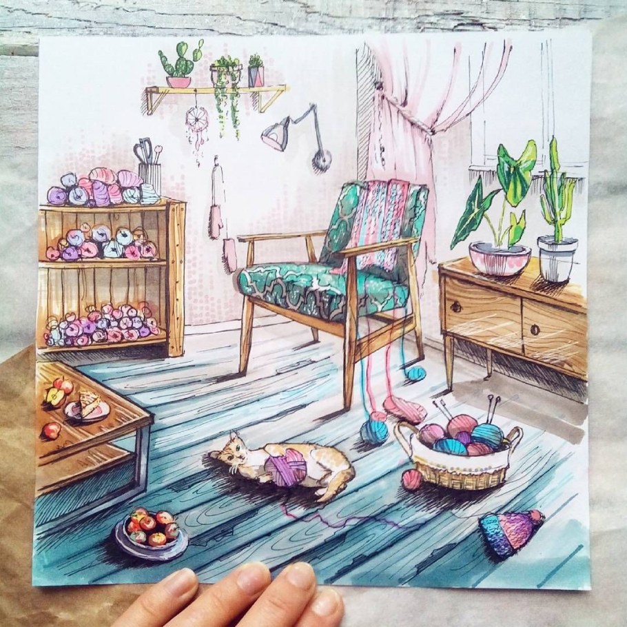 Скетч интерьера акварель