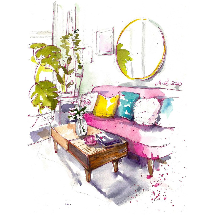 Интерьер комнаты акварелью