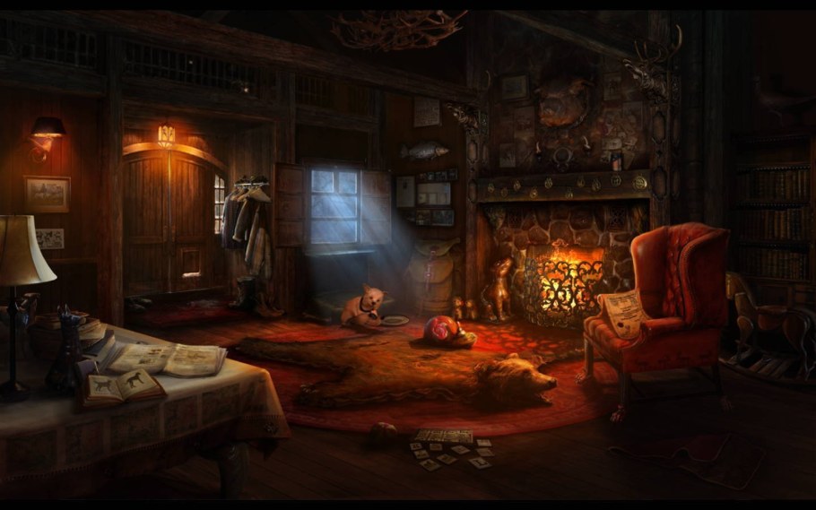 Темная комната с камином