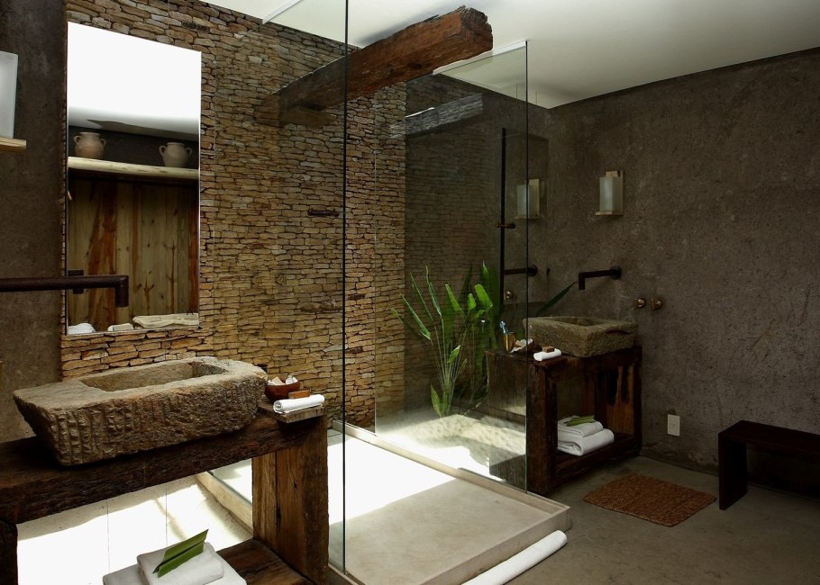 Ванная комната дерево и камень экостиль