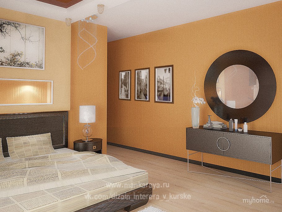 Спальня в персиковых тонах с темной мебелью