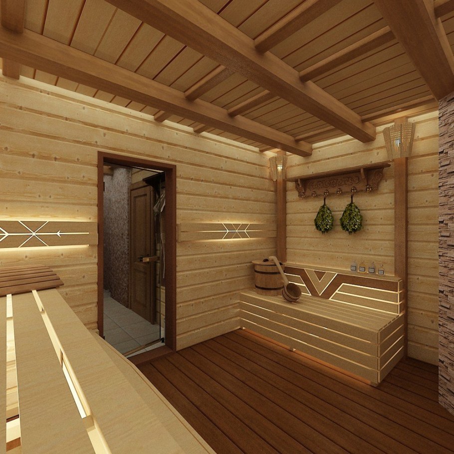 Интерьер помывочной в бане из бруса