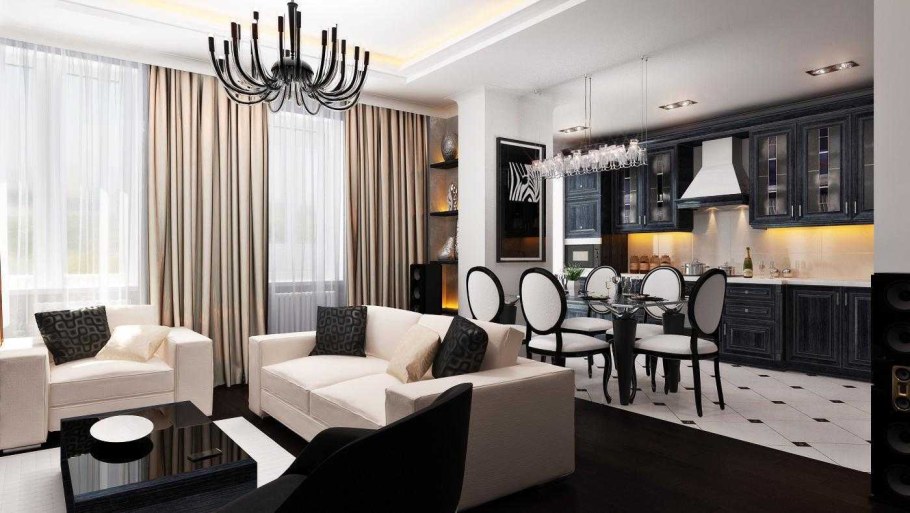 Дизайн кухни-гостиной 24м2 с двумя окнами