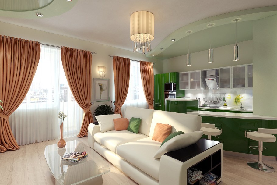 Кухня гостиная в доме с двумя окнами