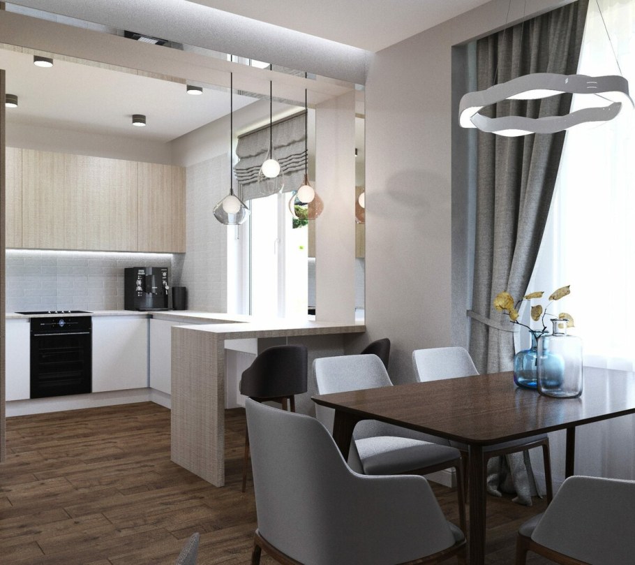 Кухня студия с гостиной