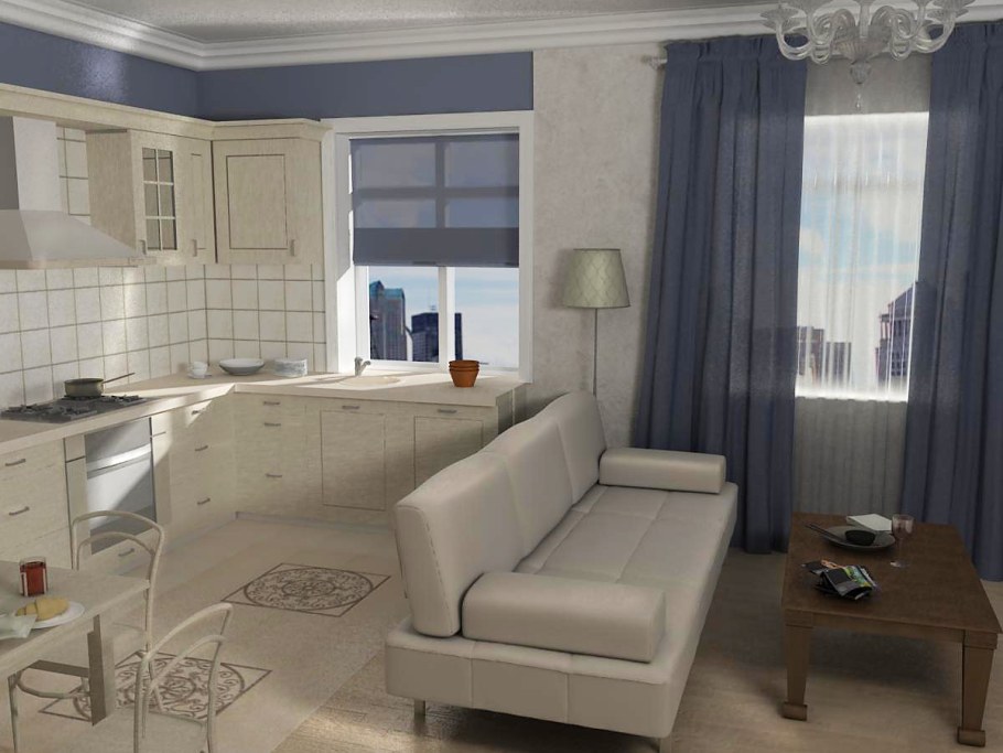 Кухня гостиная с 2 окнами