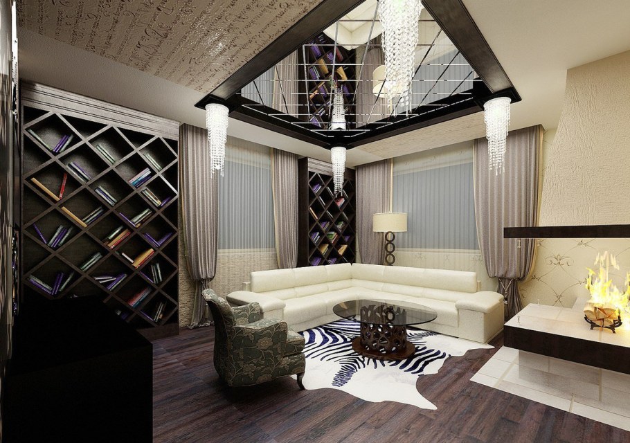 Зеркальный потолок в гостиной