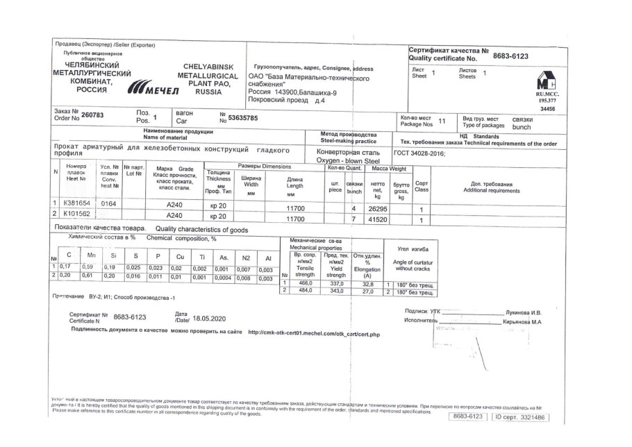 Арматура 20 а240 сертификат качества