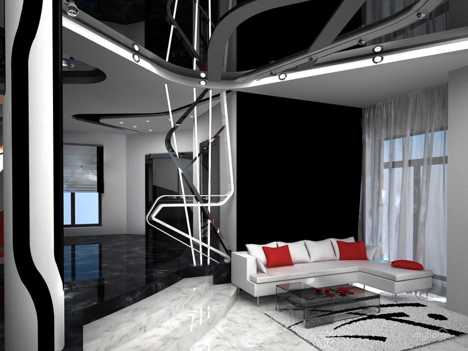 Белый оранжевый черный интерьер Хай тек