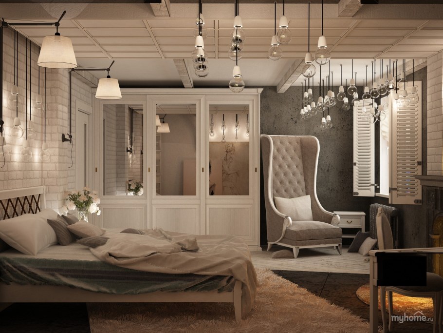 Спальня в стиле лофт и классика