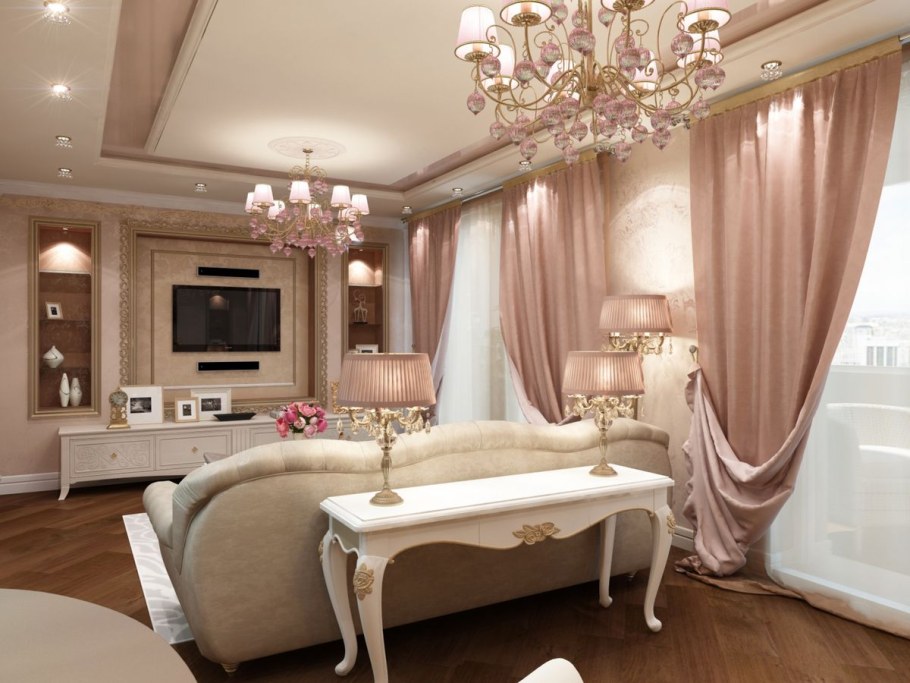 Гостиная в розовых тонах в классическом стиле