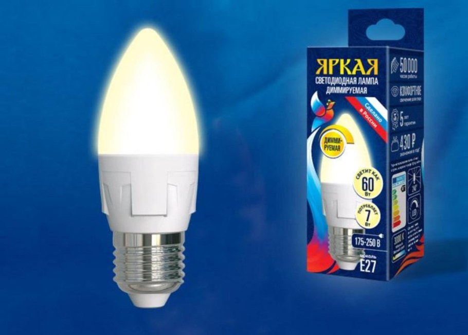 Упаковка светодиодных ламп 10 шт Uniel led ww/fr plp01wh картон, e27, c37, 7вт