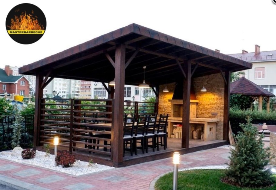 Беседка с односкатной крышей мангалом и мангалом