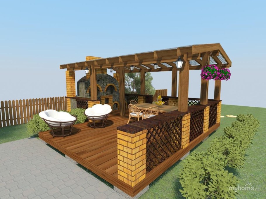 Беседка с террасой и барбекю