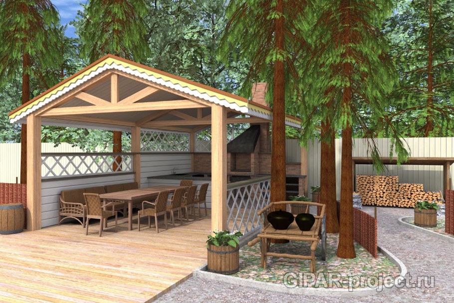 Деревянная беседка с мангальной зоной