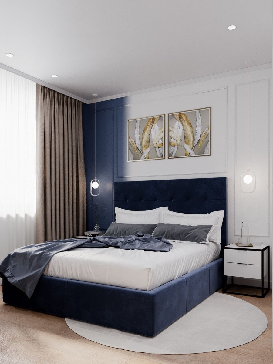 Синяя кровать в интерьере спальни