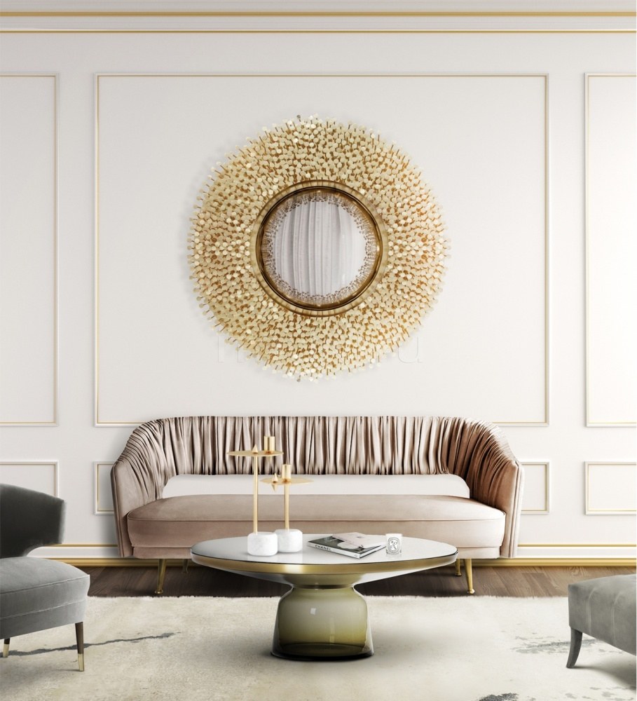 Круглое зеркало в интерьере гостиной