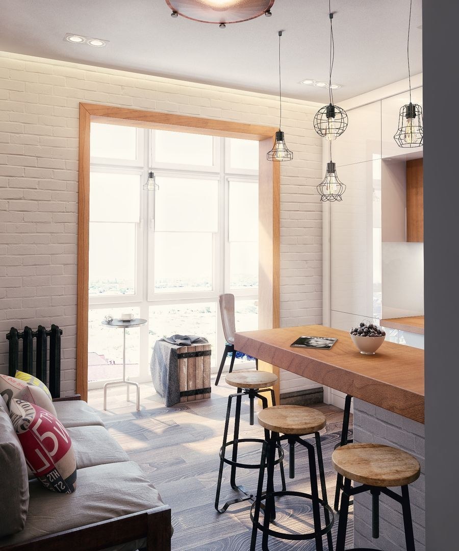 Светлый лофт кухня гостиная