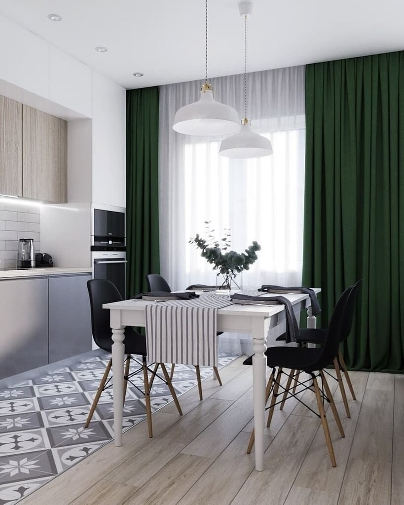 Зелёные шторы в интерьере кухни