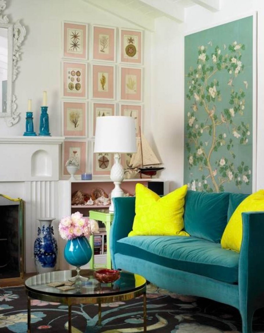 Сочетание желтого и бирюзового в интерьере