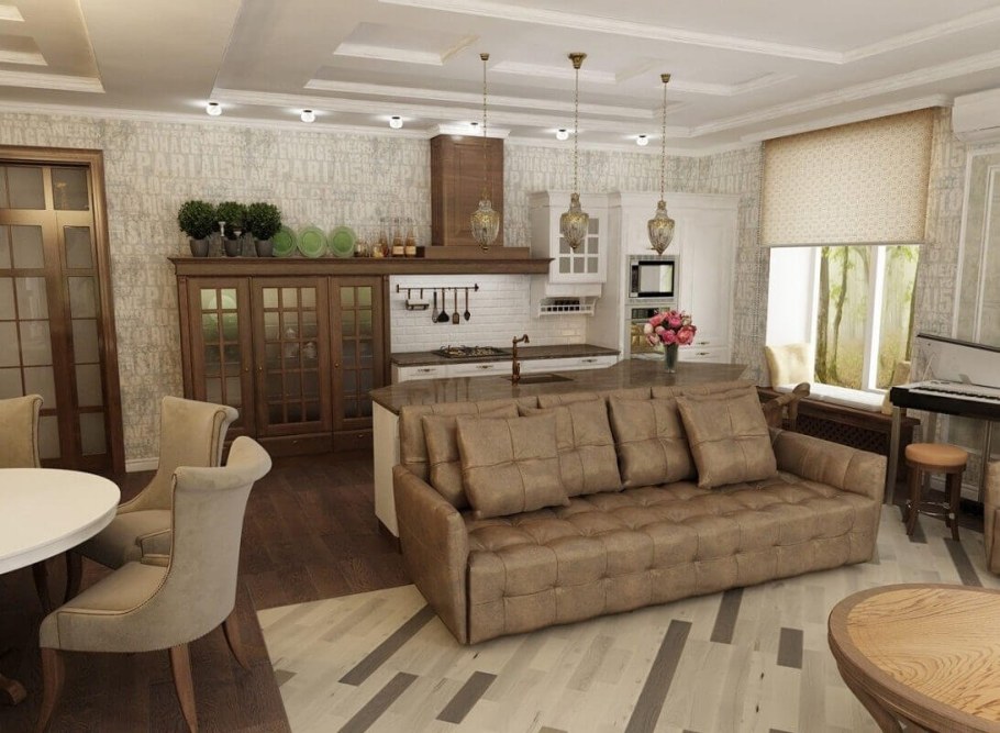 Кухня с гостиной в частном доме