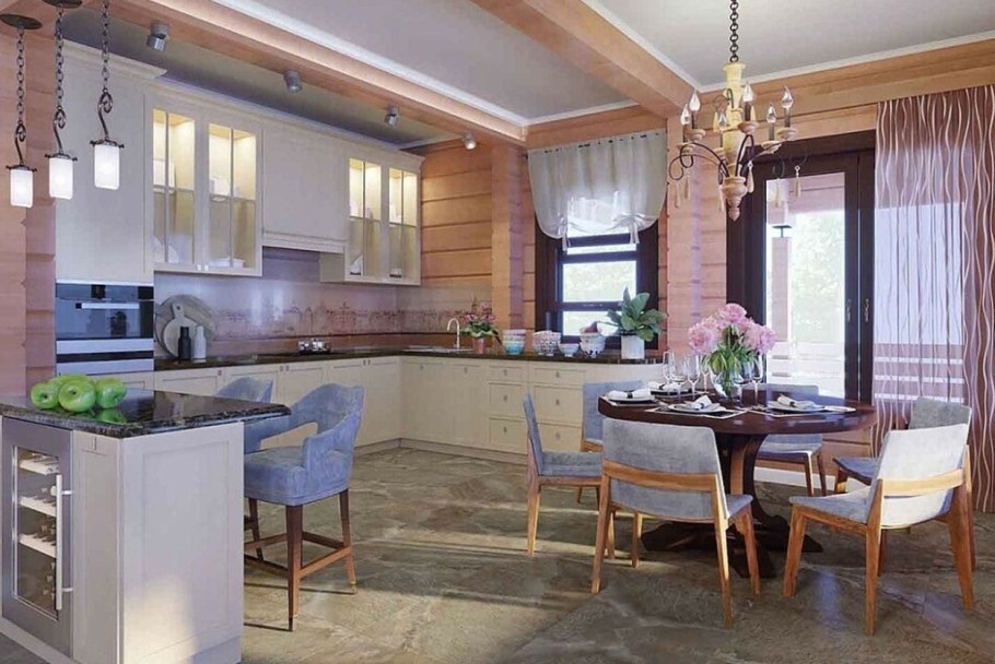 Кухня гостиная с выходом на веранду