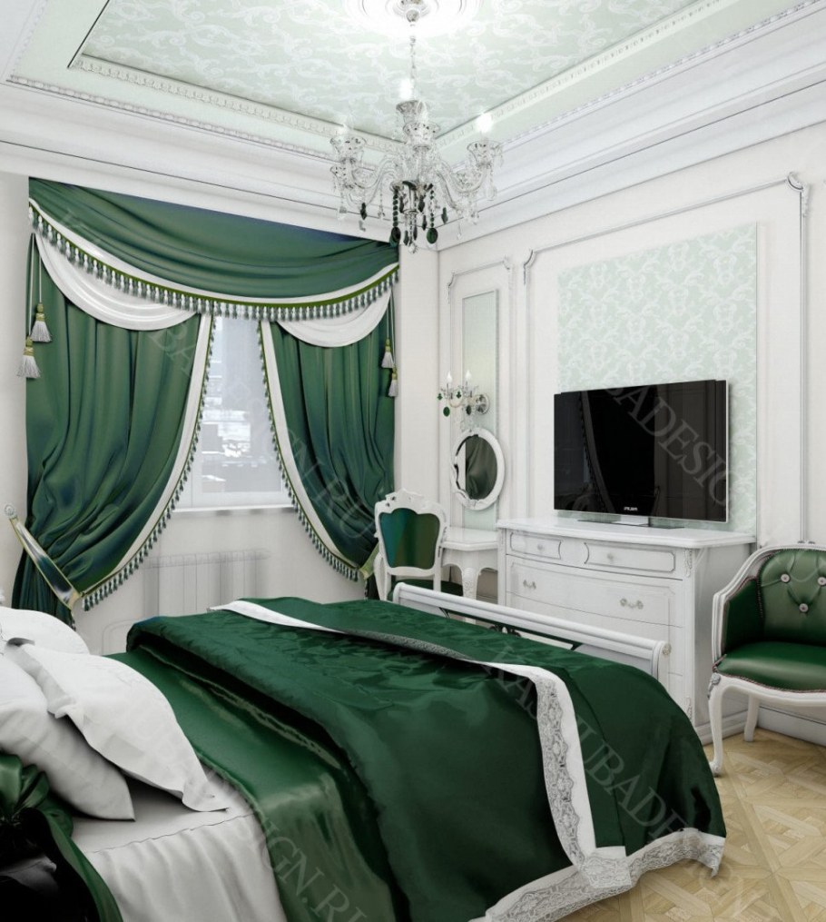 Шторы в спальню изумрудного цвета